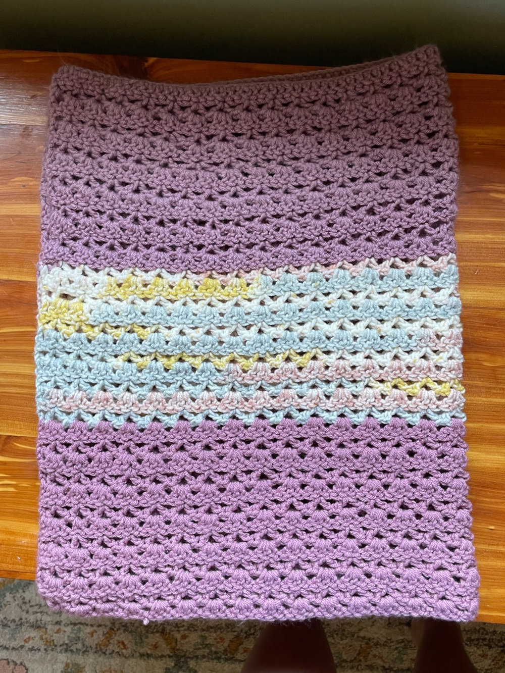 Handmade Crochet baby Blanket with Pastel Center Stripe